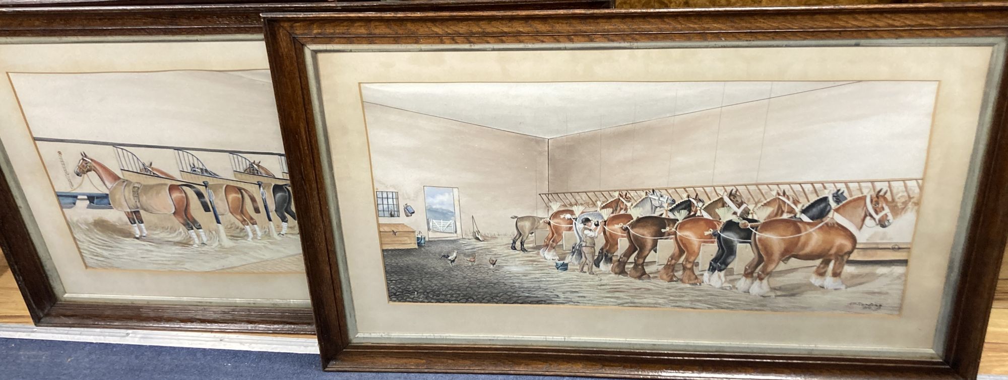 Henry William Standing (1894-1931), pair of watercolours, Heavy horses and groom in a stall, signed and dated 1910, 36 x 74cm